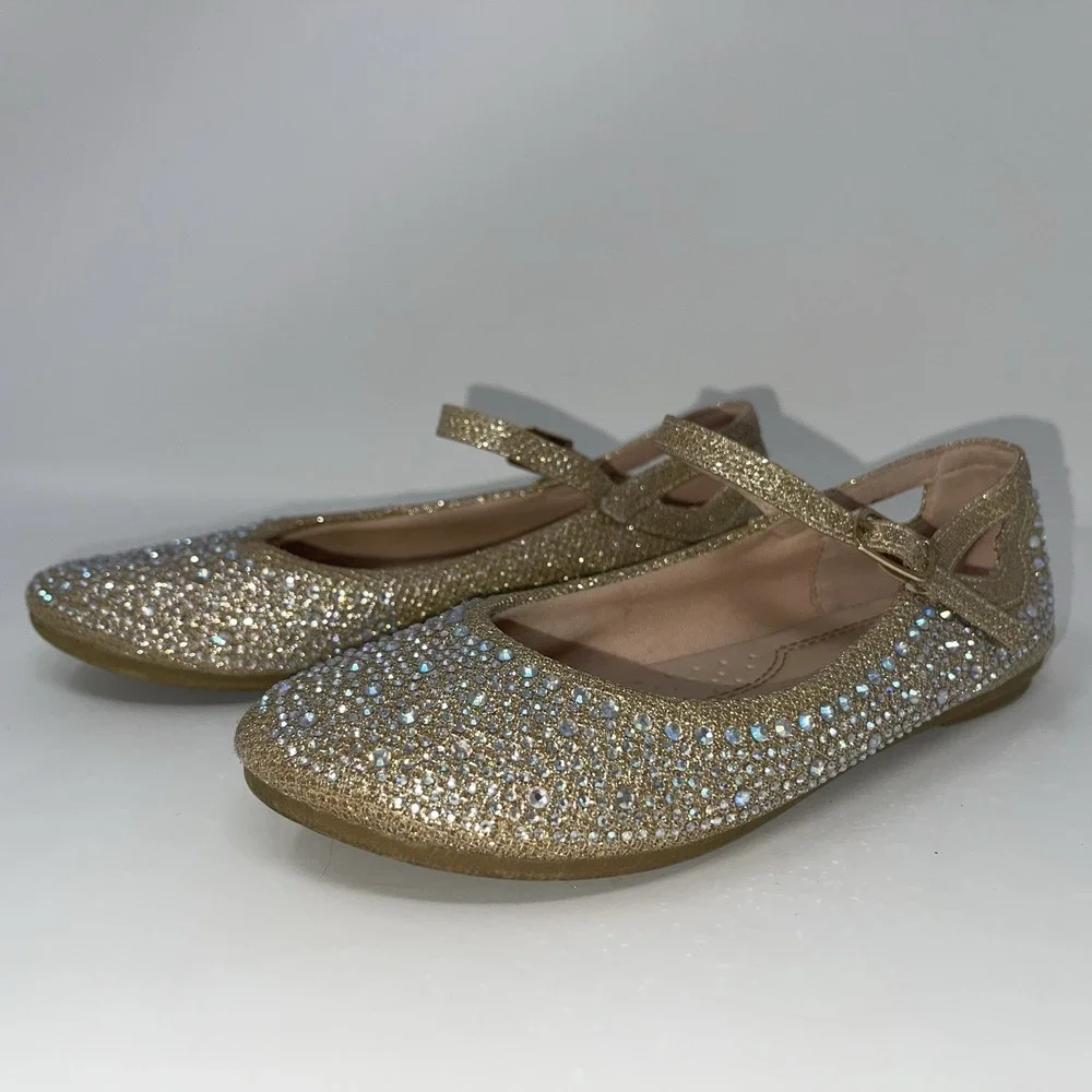 Girls Size 1 Gold Rhinestone‎ Encrusted Glittery Mary Jane Flat Dress Shoes
